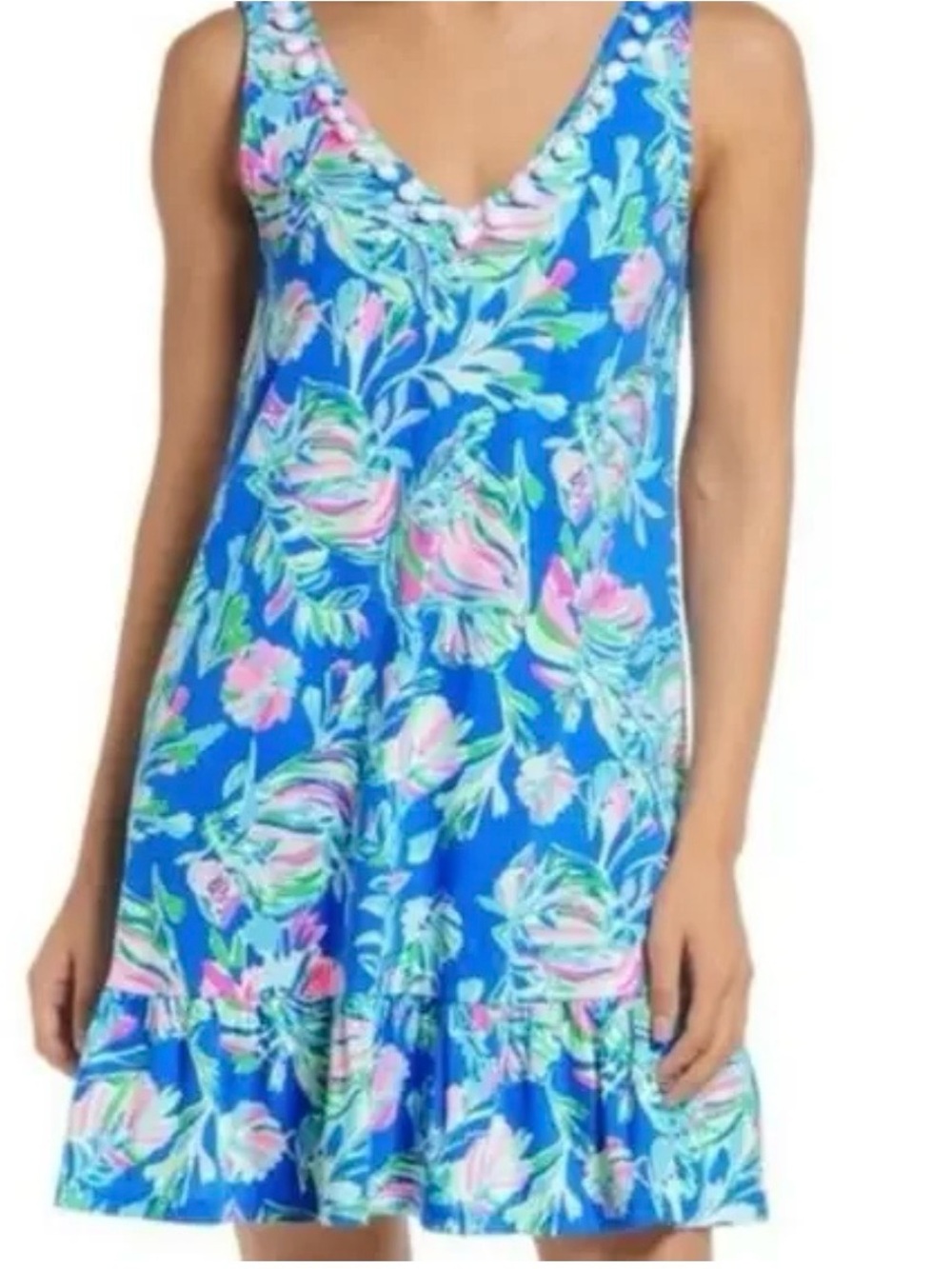 Lilly Pulitzer Blue Floral V-Neck Sundress with Pink & Mint Accents